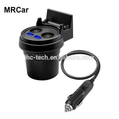 3.1A dual USB ports phone holder car cup charger with 2 Sockets cigarette lighter splitter power adapter